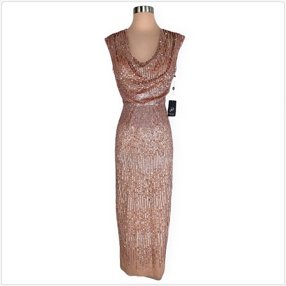 Adrianna Papell Rose Gold Cowl Neck Beaded Sequin Column Gown Dress NWT NEW 4 - Picture 4 of 7